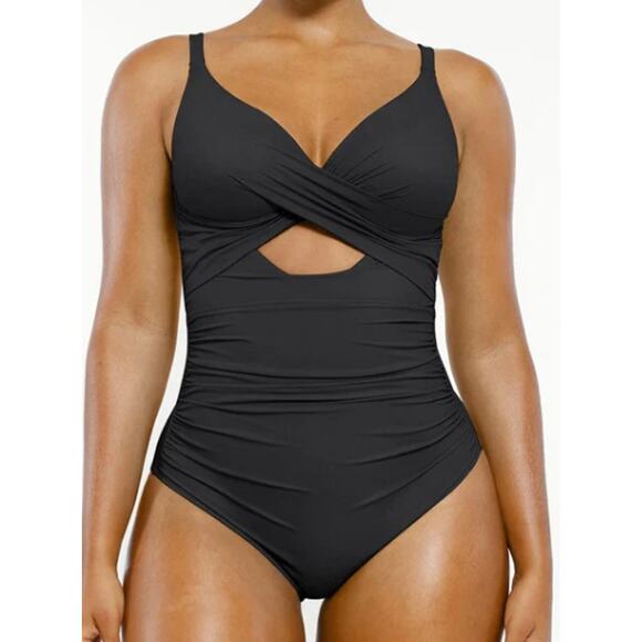 SHAPELLX Large Ribbed Cutout Front Shaping Swimsuit Black One-Piece Tummy CTRL - Picture 2 of 10